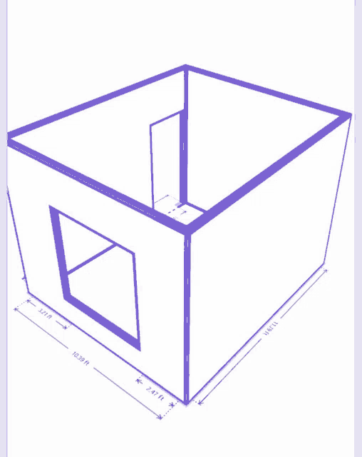a drawing of a room with measurements including a door and window