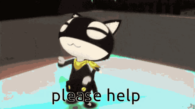 a cartoon cat is asking for help with a yellow scarf around his neck