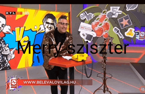 a man in a leopard print jacket stands at a table with a yellow telephone and the words merry sziszter on the bottom