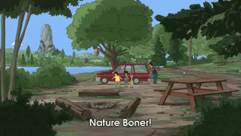 a cartoon scene with the words nature boner above it