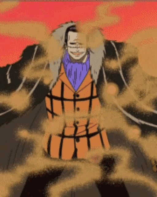 a cartoon of a man in an orange coat surrounded by sand