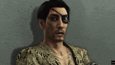a man with a tattoo on his chest has an eye patch on his left eye