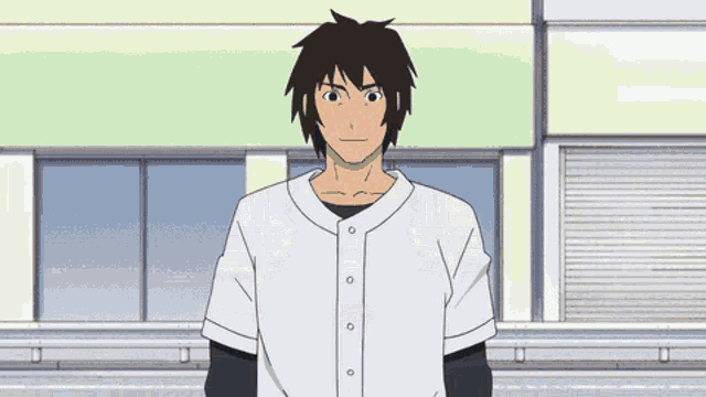 a man in a white shirt with buttons on the front