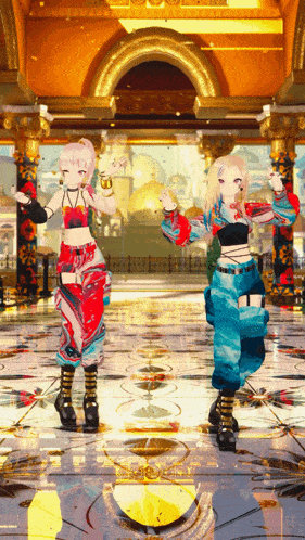 two anime girls are dancing in front of a large building