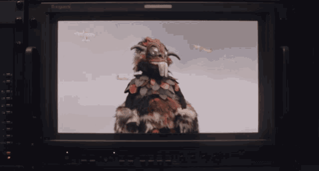 a screen shows a monster with horns and feathers on it