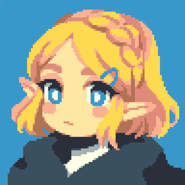 a pixel art illustration of a girl with blonde hair and blue eyes