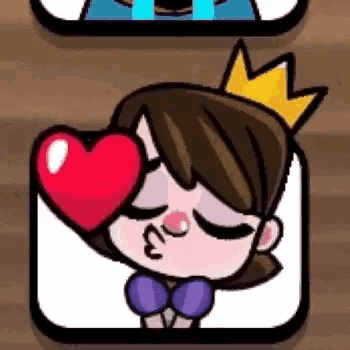 a cartoon girl with a crown on her head is holding a heart in front of her face .