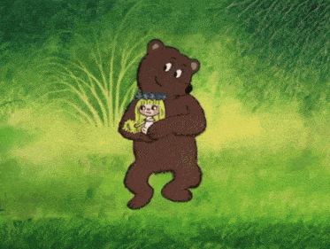 a cartoon bear is holding a doll with a flower crown on her head