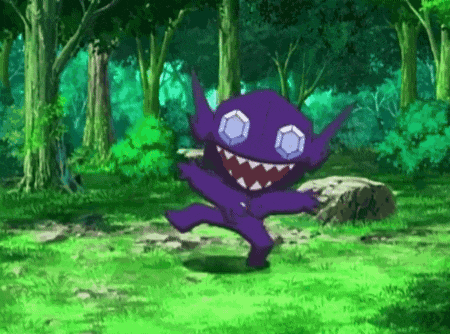 a purple monster with diamonds in its eyes is dancing in a forest