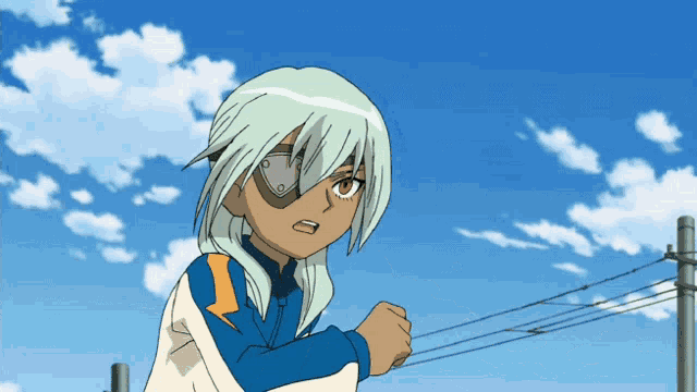 a cartoon character with a mask on his face stands in front of a blue sky with clouds