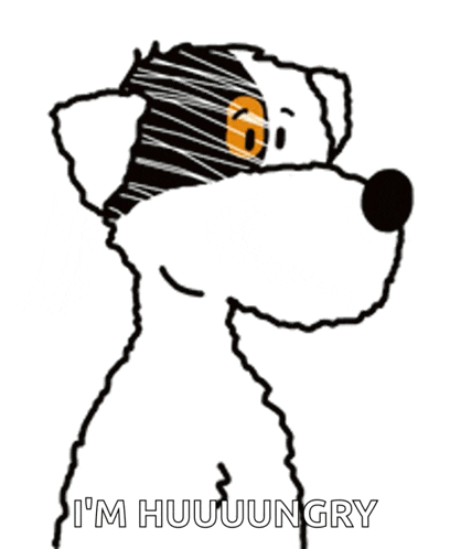 a cartoon dog with the words " i 'm huuuungry " written below it
