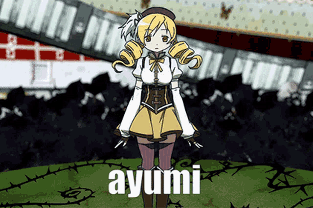 a cartoon character named ayumi is standing in front of a crowd of people