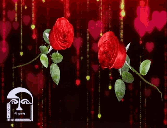 two red roses on a black background with hearts and the word zoo