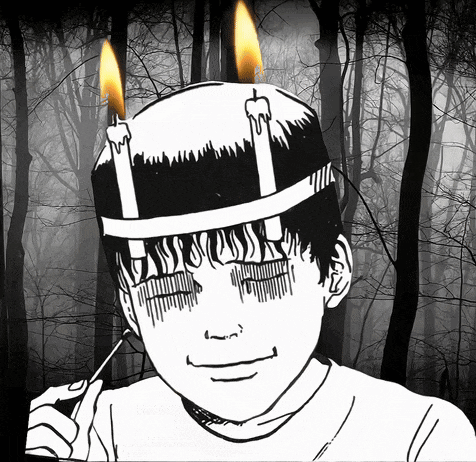a black and white drawing of a boy wearing a birthday cake with two lit candles on his head
