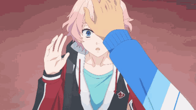 a girl with pink hair is being touched by another person
