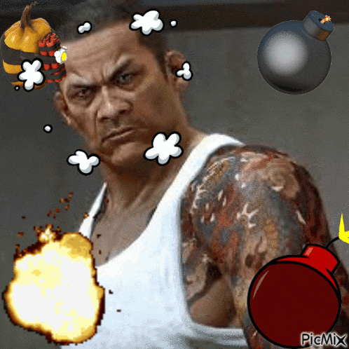 a man in a white tank top is surrounded by bombs and flowers