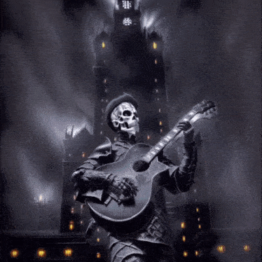 a statue of a skeleton is playing a guitar