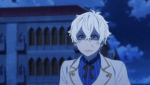 a cartoon character with white hair and a blue shirt