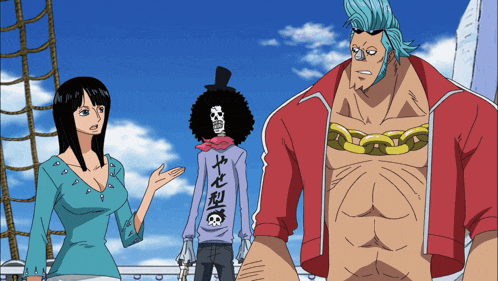 a man with a skull on his back is standing next to a woman and another man