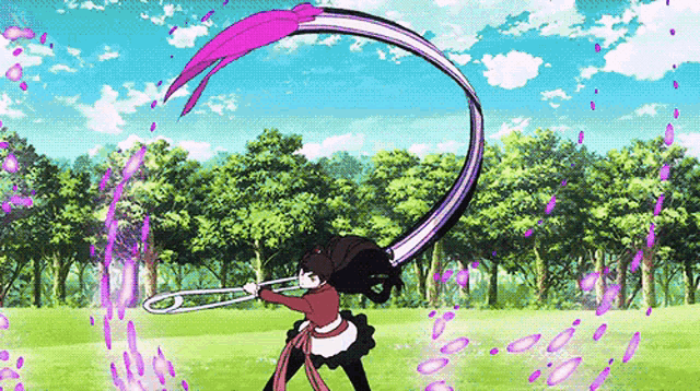 a girl is playing a trombone in front of a forest .