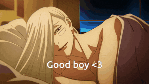 a picture of a woman laying on a bed with the words good boy < 3 below her