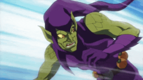 a green goblin with a purple cape and gloves is flying through the air