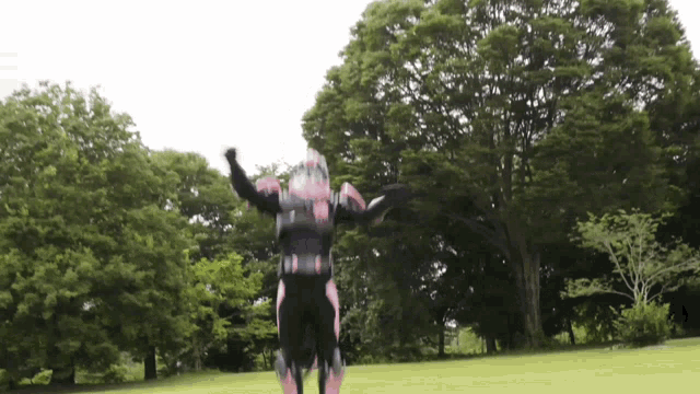 a person in a superhero costume is standing in a field