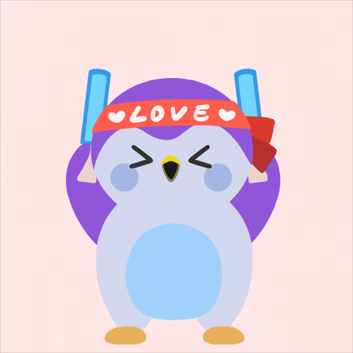 a penguin wearing a headband that says love on it