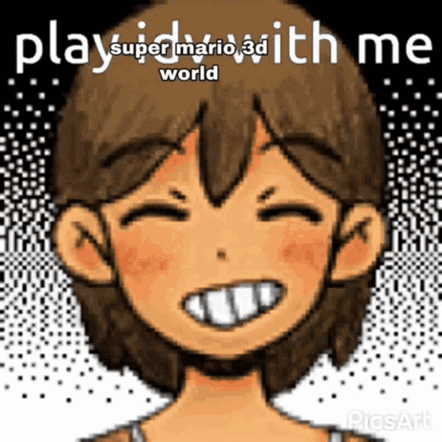 a cartoon of a girl smiling with the words play super mario 3d with me world