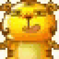 a pixel art illustration of a yellow tiger with a red nose and a white background .