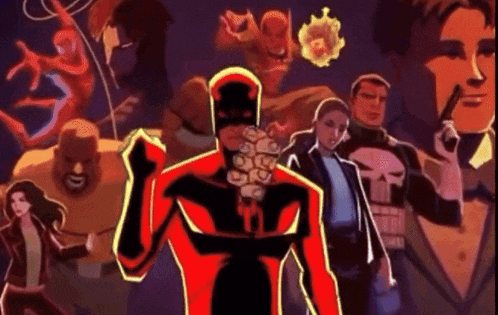 a cartoon of daredevil standing in front of a group of superheros