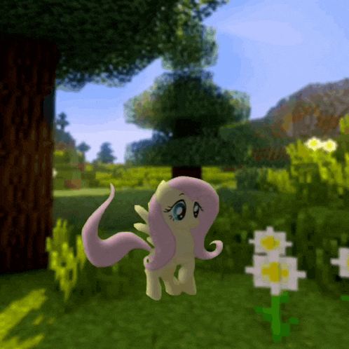 a cartoon pony is standing in a field with flowers