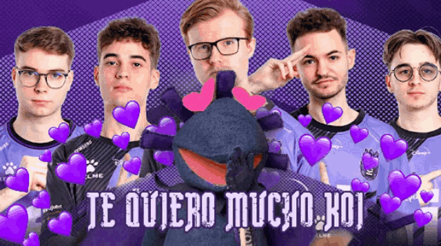 a group of young men with purple hearts and the words te quiero mucho hoy