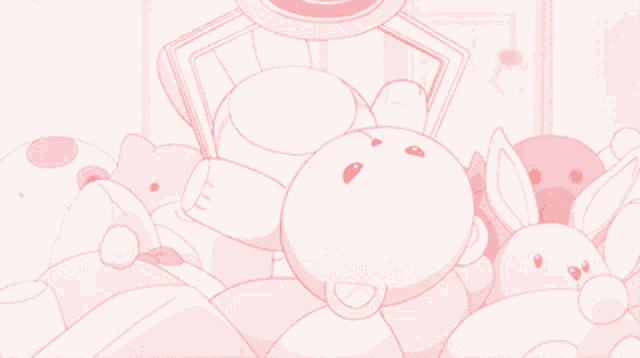 a bunch of pink stuffed animals are laying on a pink surface