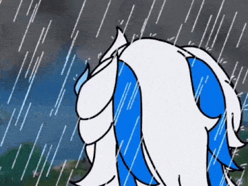 a cartoon character is standing in the rain with blue hair .