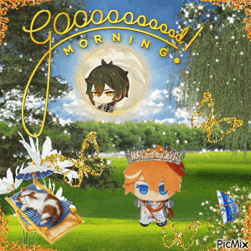 a picture of a boy with a crown and a cat with the words morning written on it
