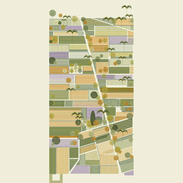 a drawing of a field with trees and fields