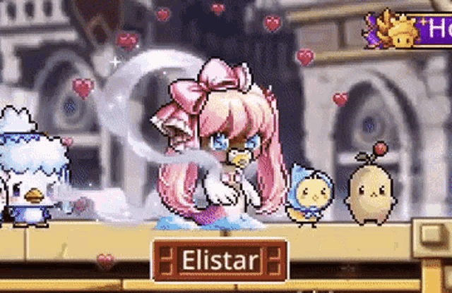 a pixel art of a girl with pink hair and a bow in a video game