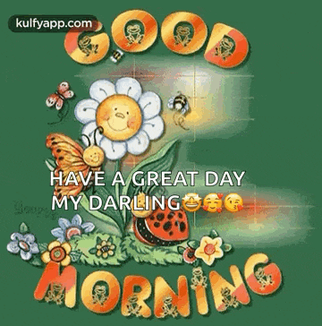 a good morning greeting card with a flower , butterfly , ladybug and sun .