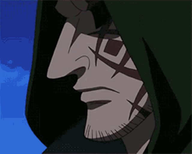 a close up of a man 's face with a green hood on his head