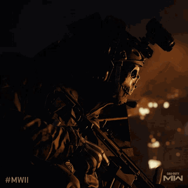 a soldier with a skull on his face is holding a rifle in a call of duty video game