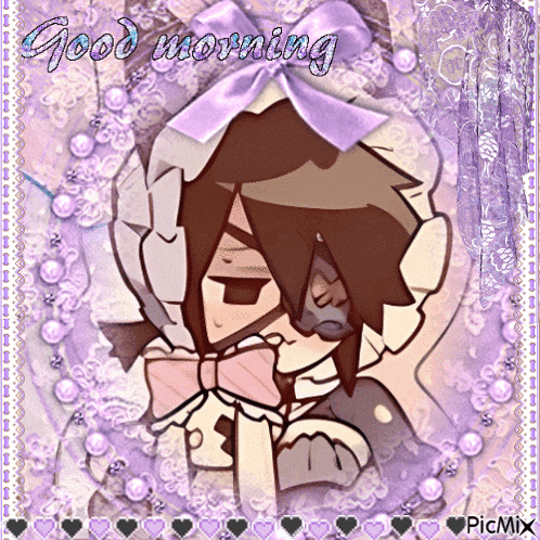 a picture of a girl with a bow and the words good morning on it
