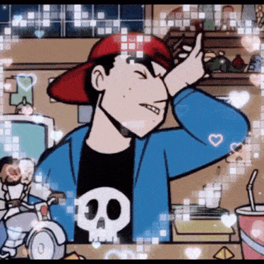a cartoon character wearing a skull shirt and a red hat
