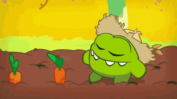 a cartoon character is standing in a field with carrots growing out of the ground