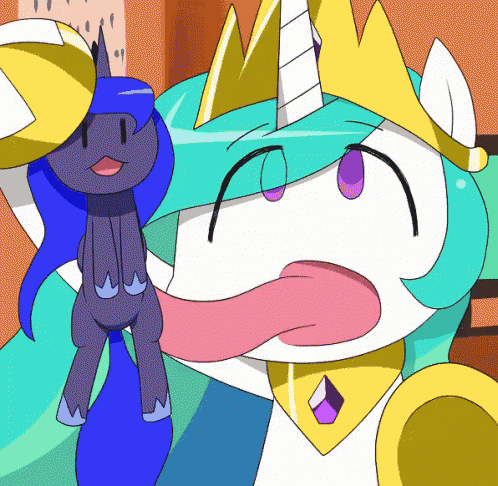 a cartoon drawing of a pony with its tongue out and a crown on its head