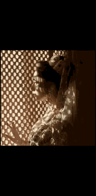 a woman in a veil looks out a window