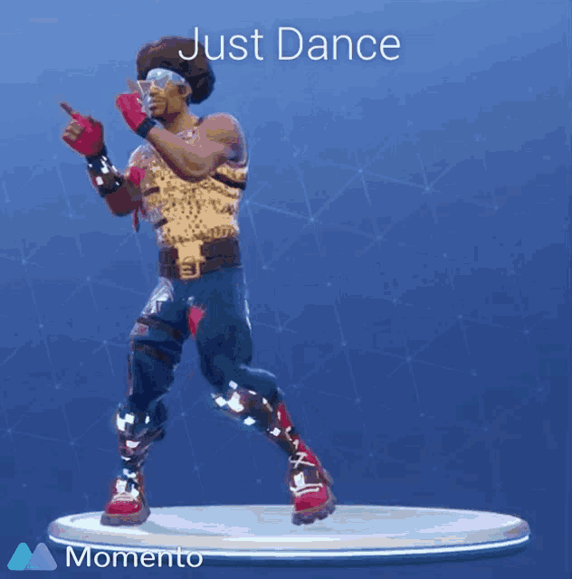 a man in a sequined shirt is dancing with the words just dance above him