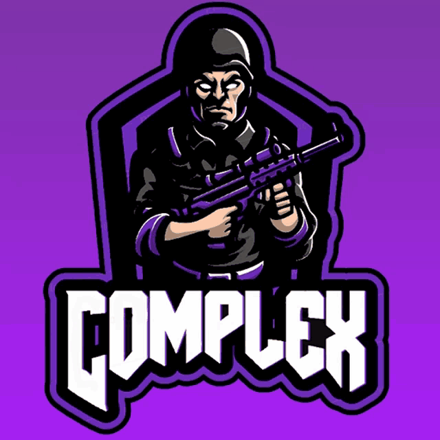 a purple and black logo for complex with a soldier holding a gun
