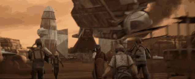 a group of soldiers are walking in front of a large airship