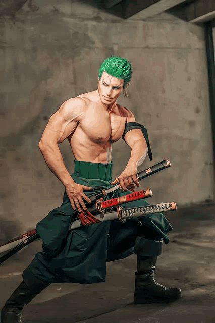 a shirtless man with green hair is holding two swords in his hands